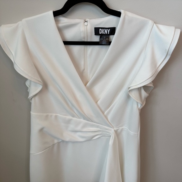 DKNY V-Neck Flutter Sleeve Solid Tie Waist Dress Wedding Summer Ivory Sz 10 - Picture 4 of 13